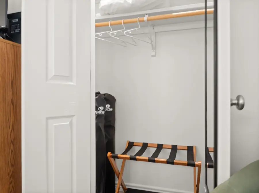 The master bedroom has a small closet in the corner. The master bedroom has a small closet in the corner.